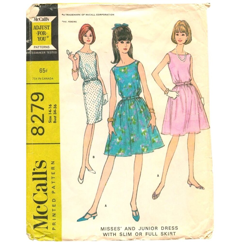 McCalls 8279 Misses & Junior Dress Pattern Slim Or Full Skirt Sizes 14-16 Bust